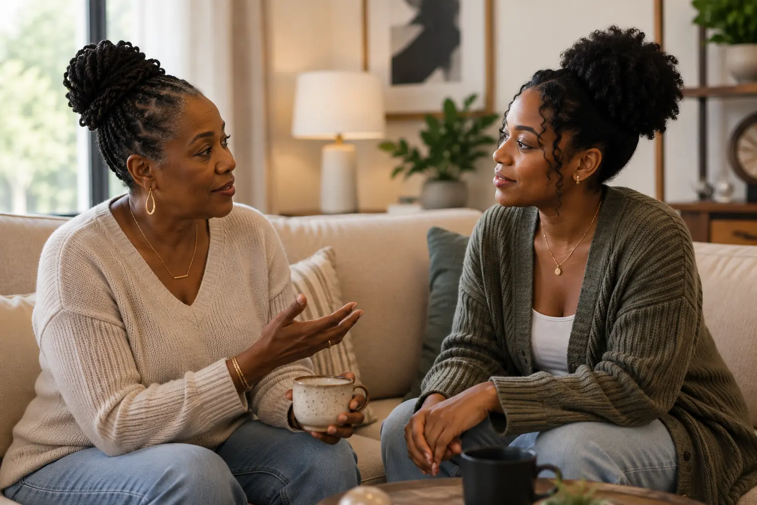 Two Black women having a trusted conversation on a couch
